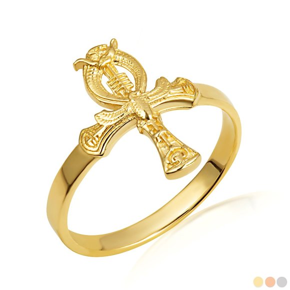 14k Solid Yellow Gold Egyptian Scarab Beetle Ankh Cross Ring Size 4-12